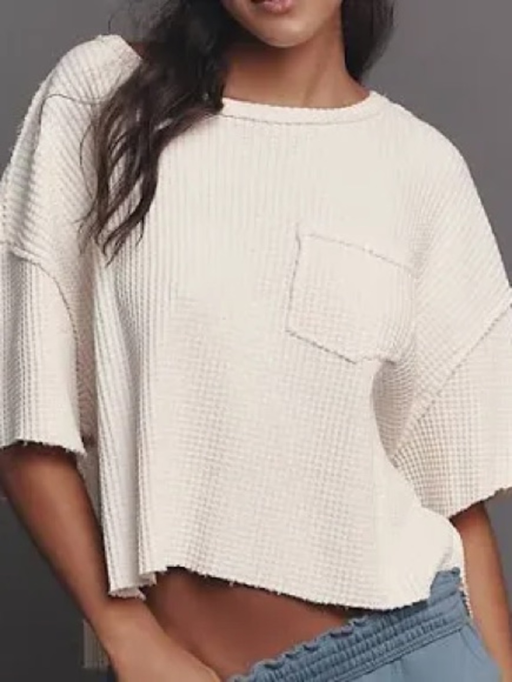 Pilcro by Anthropologie Waffle Knit Boxy Crop Tee Cream Pocket Raw Seam S